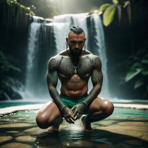 Tattooed Man Kneeling by Waterfall Pool