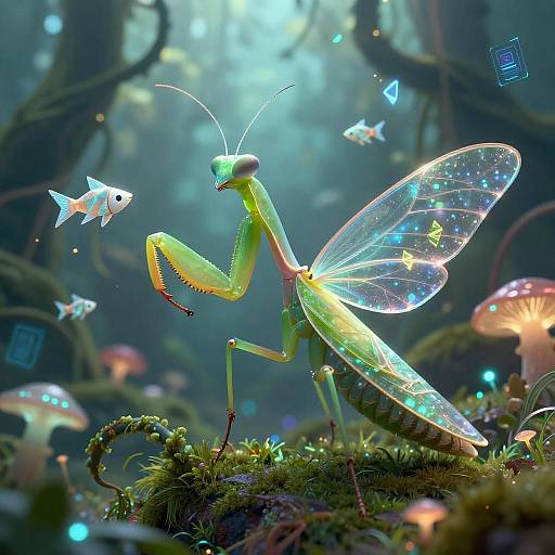 Bioluminescent Glass-Winged Praying Mantis in Cybernetic Jungle