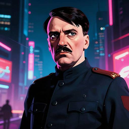 Digital artwork of a stern-faced man with a black mustache, wearing a dark military uniform, standing in a neon-lit, futuristic cityscape at