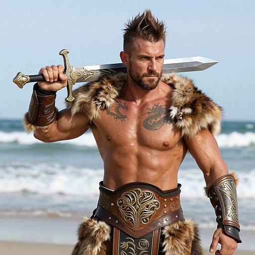 Muscular Warrior on Beach Battlefield