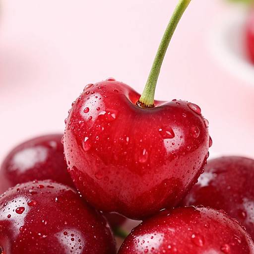 Close-up photograph of vibrant red cherries with water droplets, centered on a white background. A green stem protrudes from the top cherry.