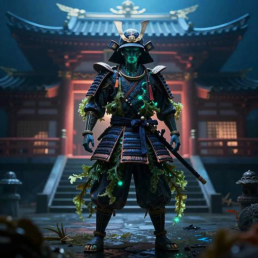 Bioluminescent Samurai in Neon Temple