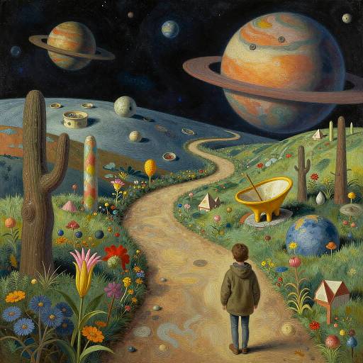 Whimsical digital painting: A child in a green hoodie walks a colorful, flower-filled path through a surreal, planetary landscape with giant planets, c