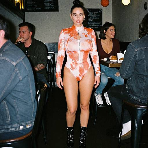 Photograph of a woman with dark hair in a bun, wearing an orange and white tie-dye, long-sleeve, high-neck bodys