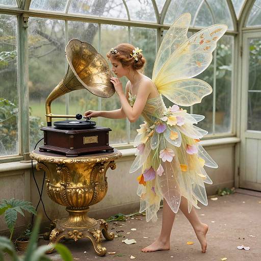 Photograph of a fairy-like woman with translucent wings and flower dress, listening to a vintage gramophone in a sunlit greenhouse.