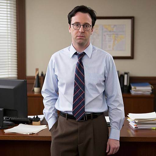 Photograph of a serious-looking, middle-aged man with glasses, light blue striped shirt, navy tie, brown pants, standing in an office.