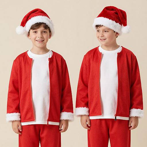 Photograph of two young boys wearing red Santa hats, white shirts, and red velvet jackets with white trim, smiling against a plain white background.