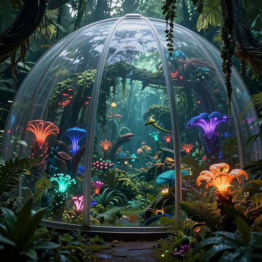 Digital art of a glowing, colorful, bioluminescent forest enclosed in a transparent dome, filled with vibrant, fantastical mushrooms and lush greenery