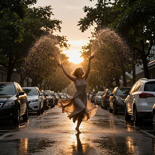Photograph of a joyful woman in a flowing dress, arms raised, creating water arches in a sunlit, empty street at sunset.