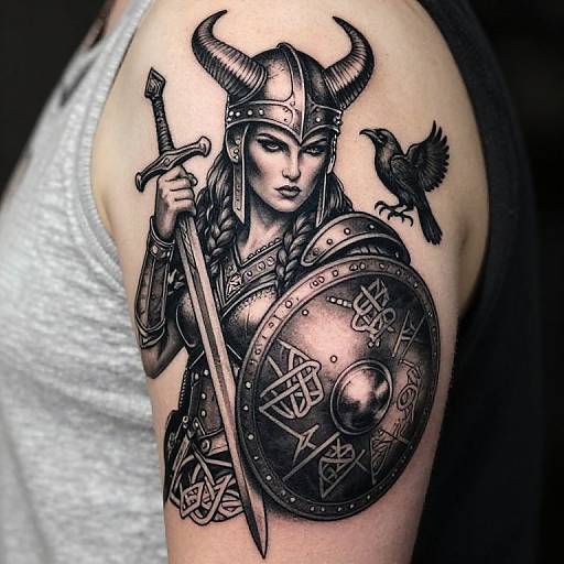 Black and gray tattoo of a Viking woman in armor, holding sword and shield, with a crow, on a man's shoulder.
