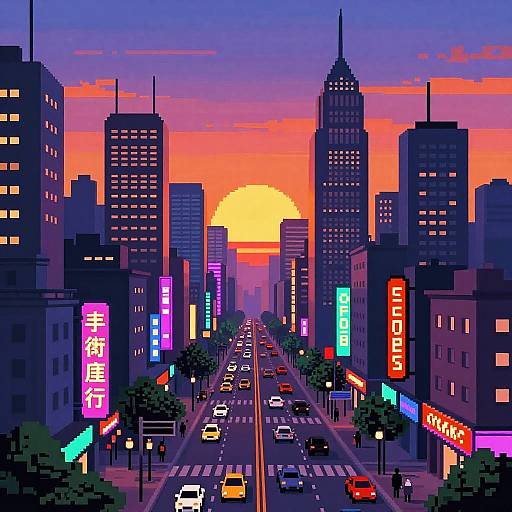 Vibrant Pixel Art Cityscape Sunset