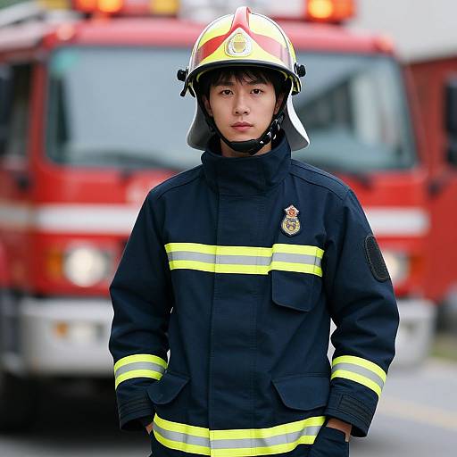 Photograph of young Asian male firefighter in black uniform with yellow stripes, white helmet, standing in front of a red fire truck. Blurred background.