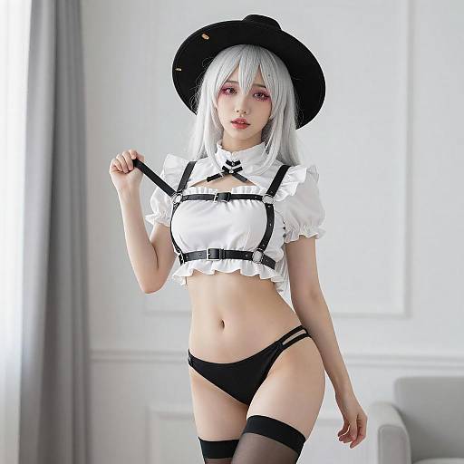 Stylish Woman with White Hair and Black Hat