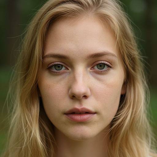 Close-up photograph of a young Caucasian woman with fair skin, blue eyes, and blonde hair, looking directly at the camera in a blurred green outdoor background