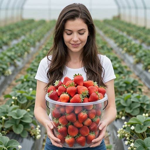Photograph of a smiling young woman with long brown hair, wearing a white t-shirt, holding a clear container filled with bright red strawberries in a lush