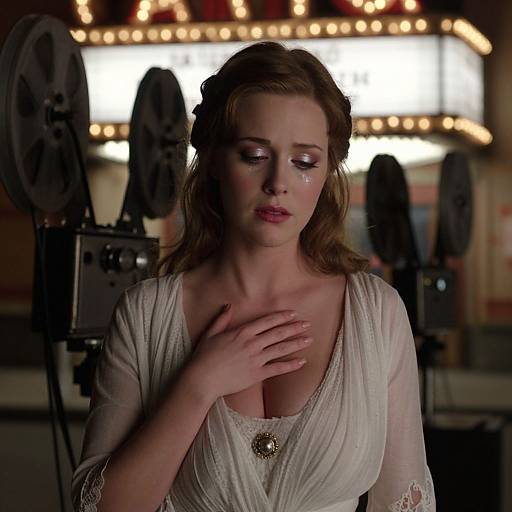 Photograph of a pensive, light-skinned woman with wavy brown hair, wearing a white, vintage-style dress with lace, touching her chest