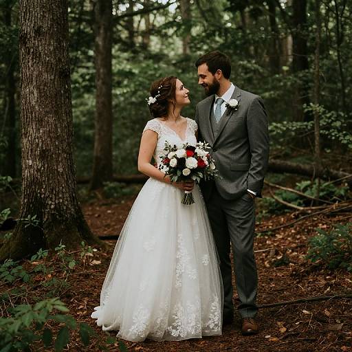 Photograph of a bride in a white lace wedding dress and groom in a gray suit, standing in a forest, holding hands and flowers, looking at