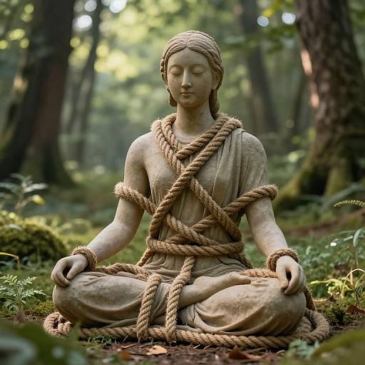 Photograph of a serene stone Buddha statue sitting cross-legged in a forest, bound by thick ropes, surrounded by greenery and sunlight filtering through trees.