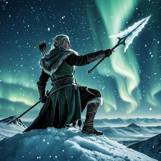Elven Ranger with Ice Spear Under Northern Lights