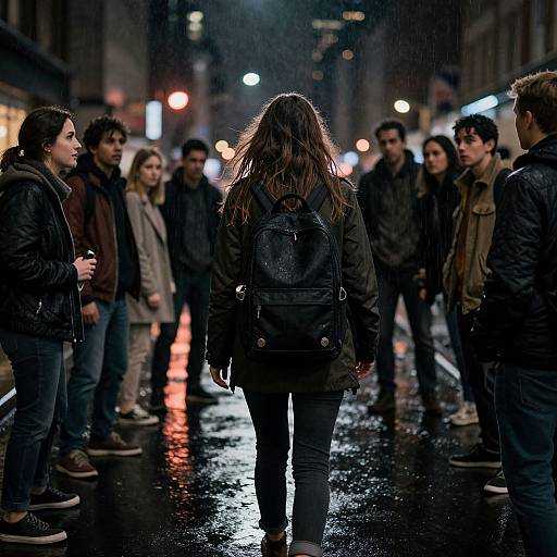 Photograph of a rainy urban night, central figure with long brown hair, black leather backpack, facing away, surrounded by a group of people in dark