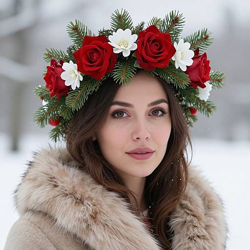 Photograph of a fair-skinned woman with dark brown hair, wearing a red and white rose pinecone crown, and a fur-trimmed coat