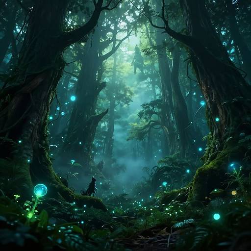 Digital fantasy artwork of a mystical forest with glowing blue fireflies, misty light filtering through tall trees, and a small, shadowy figure in the