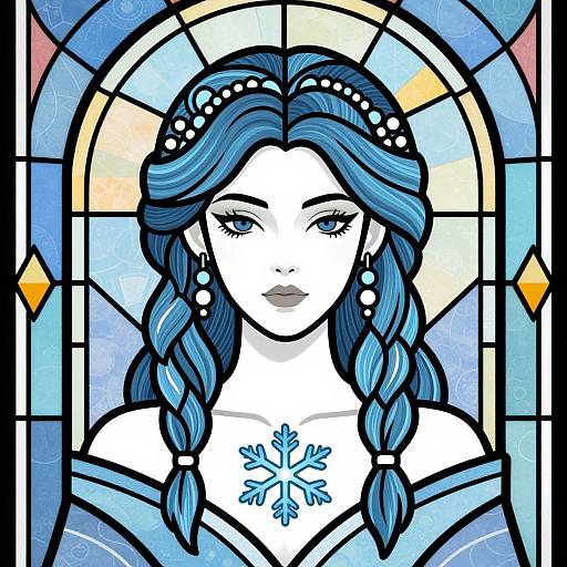 Stained glass artwork of a serene blue-haired woman with braids, pearl headpiece, earrings, and snowflake necklace, set against a circular,