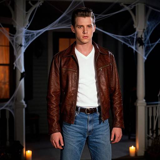 Photograph of a handsome, serious-looking man with slicked-back hair, wearing a brown leather jacket, white shirt, and blue jeans, standing in