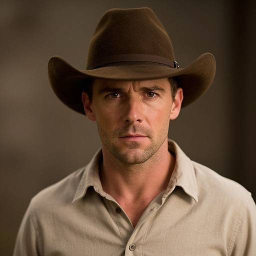 Photograph of a serious, handsome white man with short brown hair, brown cowboy hat, and beige button-up shirt, set against a dark, blurred