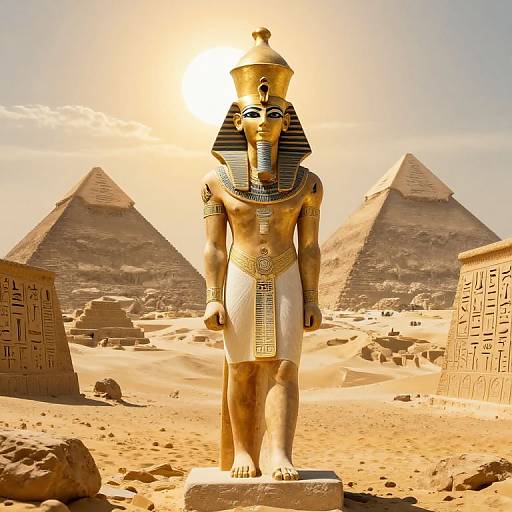 Photograph of an ancient Egyptian statue with a gold headdress, blue-striped collar, and white kilt, standing before two pyramids in a sun