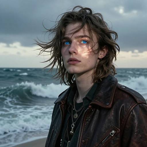 Photograph of a young man with messy brown hair, blue eyes, wearing a dark leather jacket and layered necklaces, standing on a windy beach with