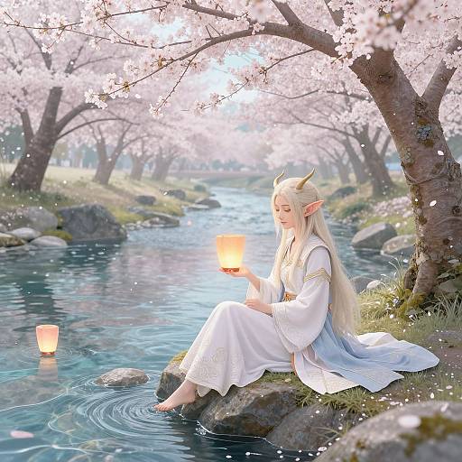 Serene Elf by Cherry Blossom River