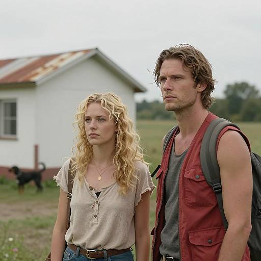 Serious Couple Standing Outdoors Near Rustic House