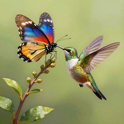 Photograph of a vibrant hummingbird with iridescent green and white feathers, sipping nectar from a colorful butterfly (blue, orange, black