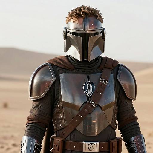 Photorealistic digital image of a Mandalorian warrior in shiny, metallic armor with a dark helmet, standing in a desert landscape.