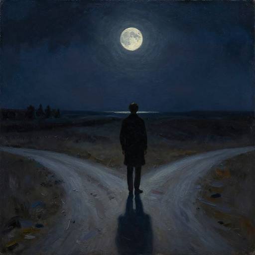 Silhouetted figure stands at a forked dirt road under a full moon in a dark, midnight-blue landscape. Digital painting.