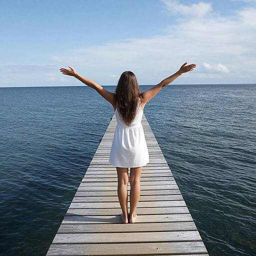 Photograph: Woman with long brown hair in white sundress stands on wooden pier, arms outstretched, facing vast blue ocean under clear sky.