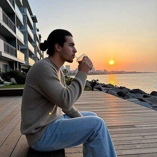 Young Man at Waterfront Sunset