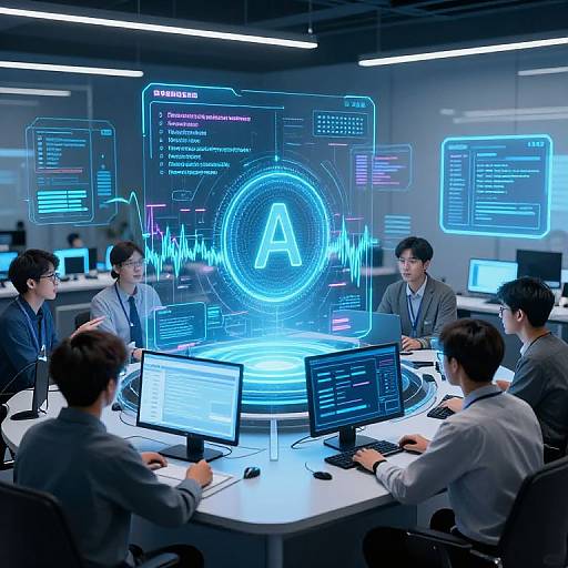 Photograph of six Asian male tech professionals in business suits, seated around a circular white table in a futuristic, neon-lit office, intensely focusing on