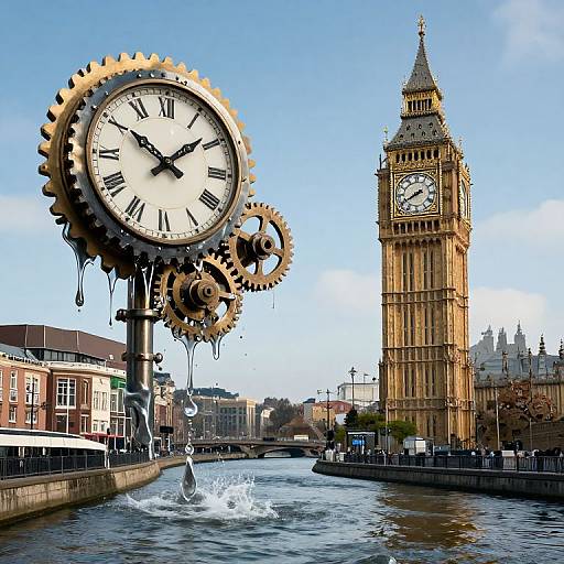 Photograph of London's Big Ben clock tower beside a large, steampunk-style clock with dripping gears, with a splashing water feature in front
