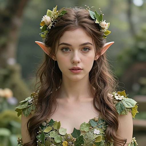 Photograph of a young woman with long brown hair, elf ears, and a floral crown, wearing a leafy, nature-inspired dress, set in