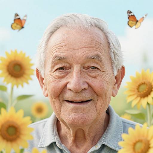 Photograph of smiling elderly white man with white hair, wearing light blue shirt, surrounded by sunflowers and two orange butterflies.