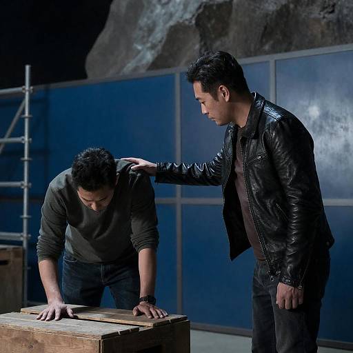 Dimly Lit Industrial Encounter Between Men