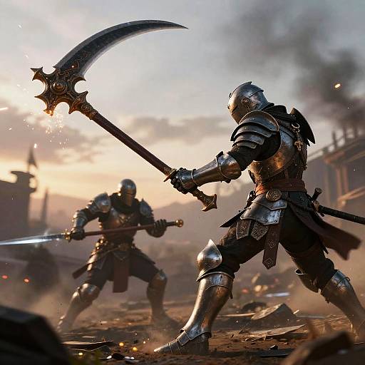 Digital fantasy artwork of two armored warriors with helmets, one wielding a large scythe, the other a sword, in a dusty, smoke-filled battlefield at