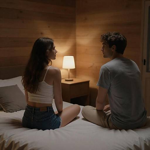 Dimly Lit Wooden Bedroom with Couple
