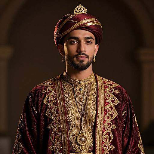 Photograph of a young South Asian man with a trimmed beard, wearing an ornate maroon turban, golden jewelry, and detailed red and gold