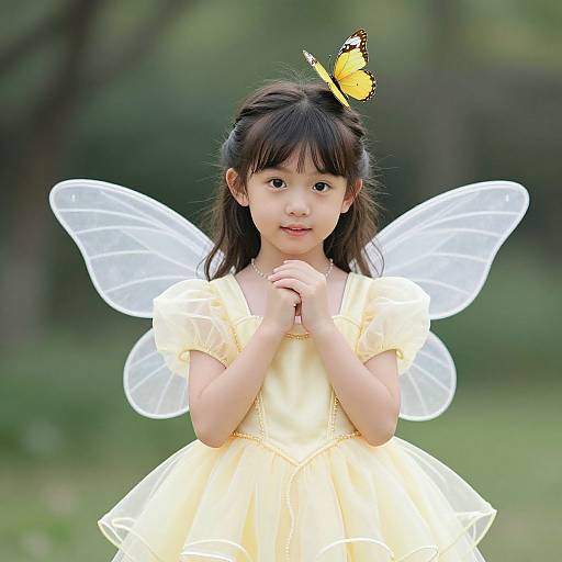 Photograph of an Asian girl with black hair, wearing a yellow fairy dress and transparent wings, holding hands, with a yellow butterfly on her hair,