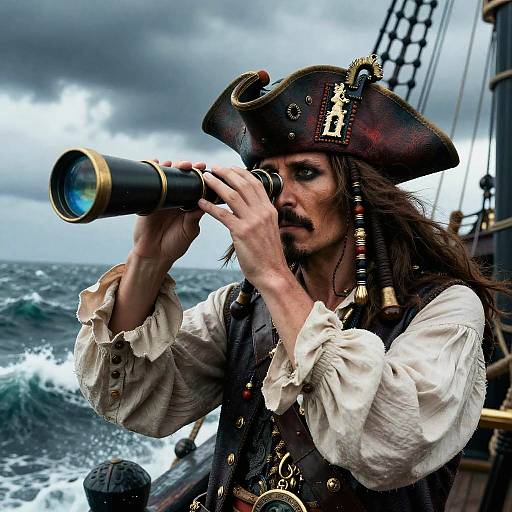 Photograph of a rugged, mustached pirate with long brown hair, wearing a dark tricorn hat and white shirt, using black binoculars on