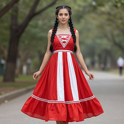 Photograph of a young woman with braided black hair, wearing a red and white dress, standing on a tree-lined path.
