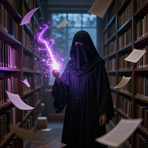 Mysterious figure in black hooded robe conjures purple magical flames in dimly lit library, surrounded by floating papers. Digital art.